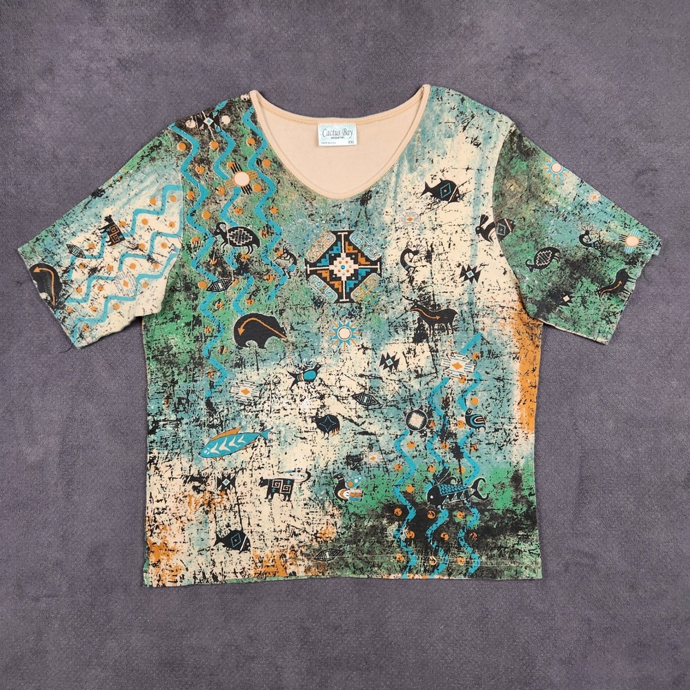 Cactus‎ Bay Shirt Womens XXL Green Tan Southwestern Kokopelli Embellished V-Neck